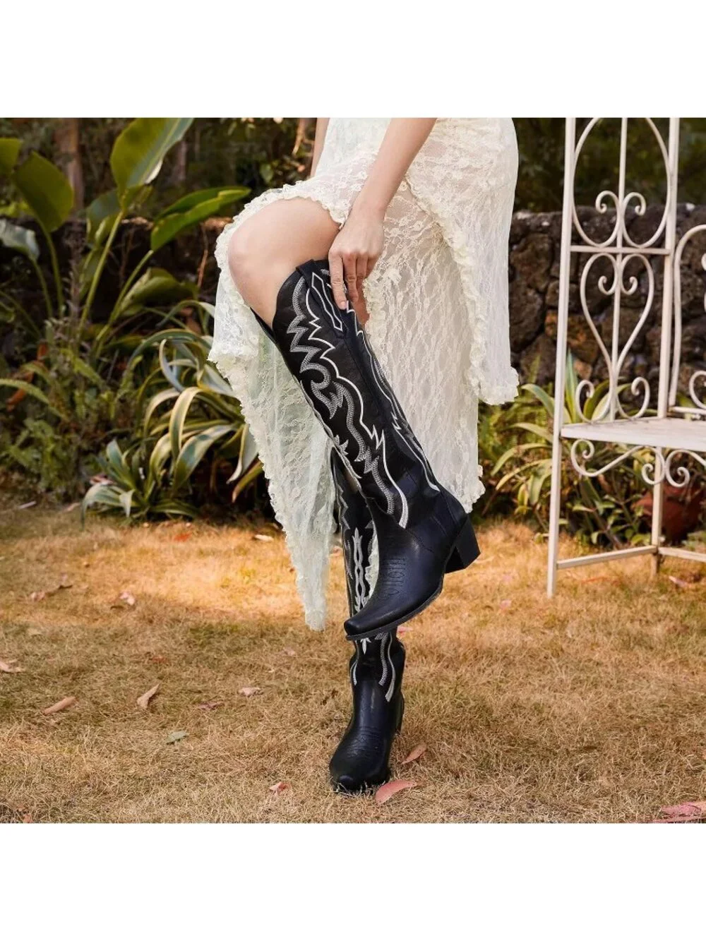Women's Matte Black Chunky Heel Slip on Pointed Knee High Cowgirl Tall Boots